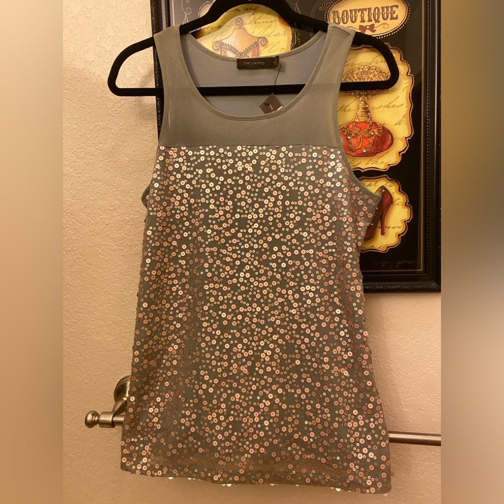 Olive mesh tank top with sequin front and lined. Size Medium. NWT